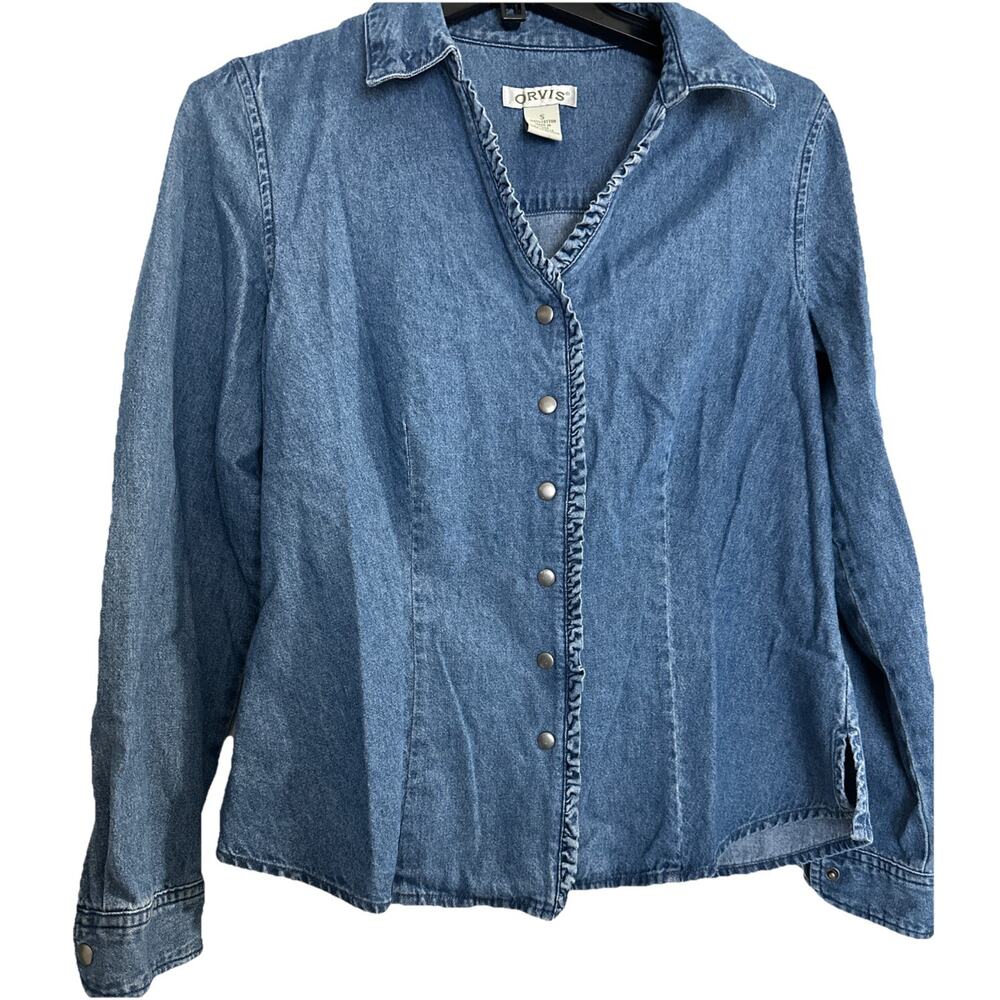 Orvis Women’s Collared Long Sleeve Denim Snap Shirt Size Small 100% Cotton